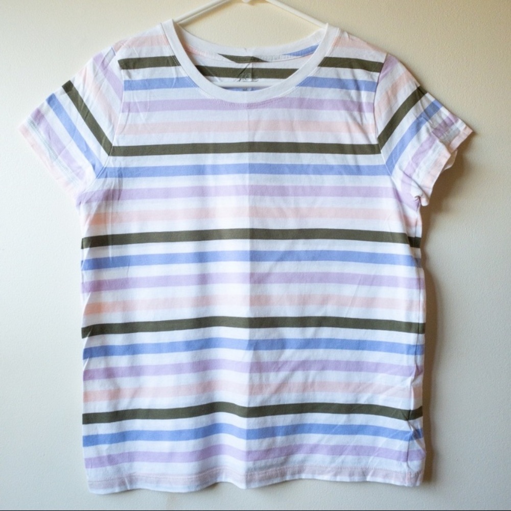 J.Crew White Striped Crewneck Cotton Tee Sz M